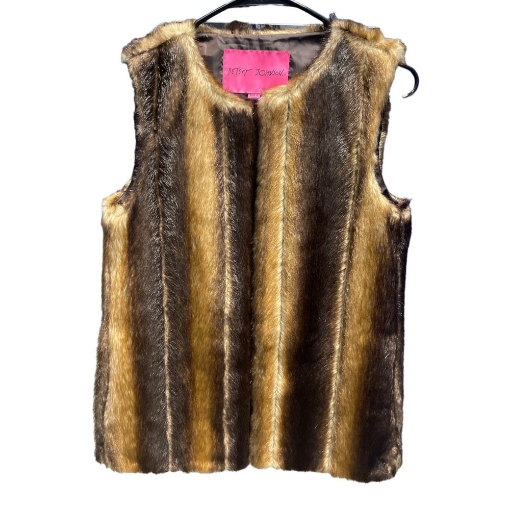 Betsey Johnson Vest Womens XS Y824761 Brown Faux Fur Striped Open Front EUC